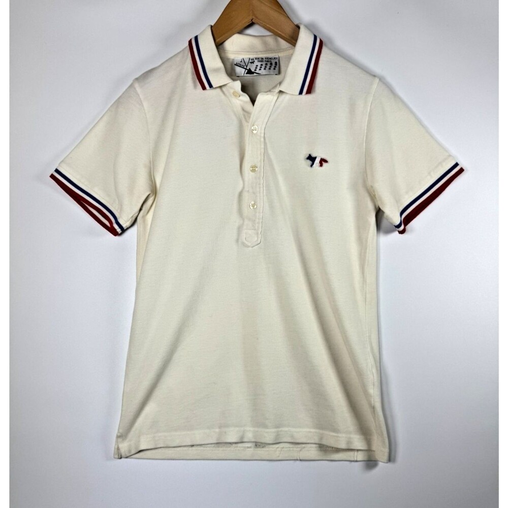 Maison Kitsune Tricolor Fox Polo Shirt Mens Small Ivory Blue Red Cotton Portugal